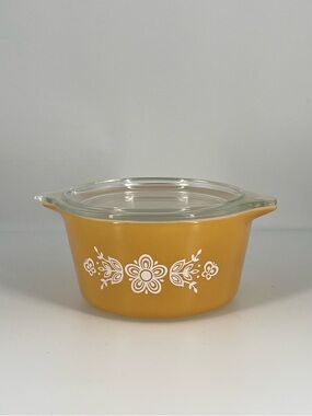 PYREX Vintage 473 Butterfly Gold Casserole Dish w/ Lid(470-C)– 1 Qt Amber Floral